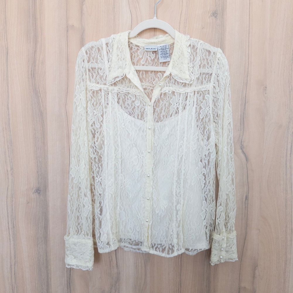 Vintage Lace Sheer Blouse XL Cream Button Up Pearl Cuffs Fairy Coquette Romantic